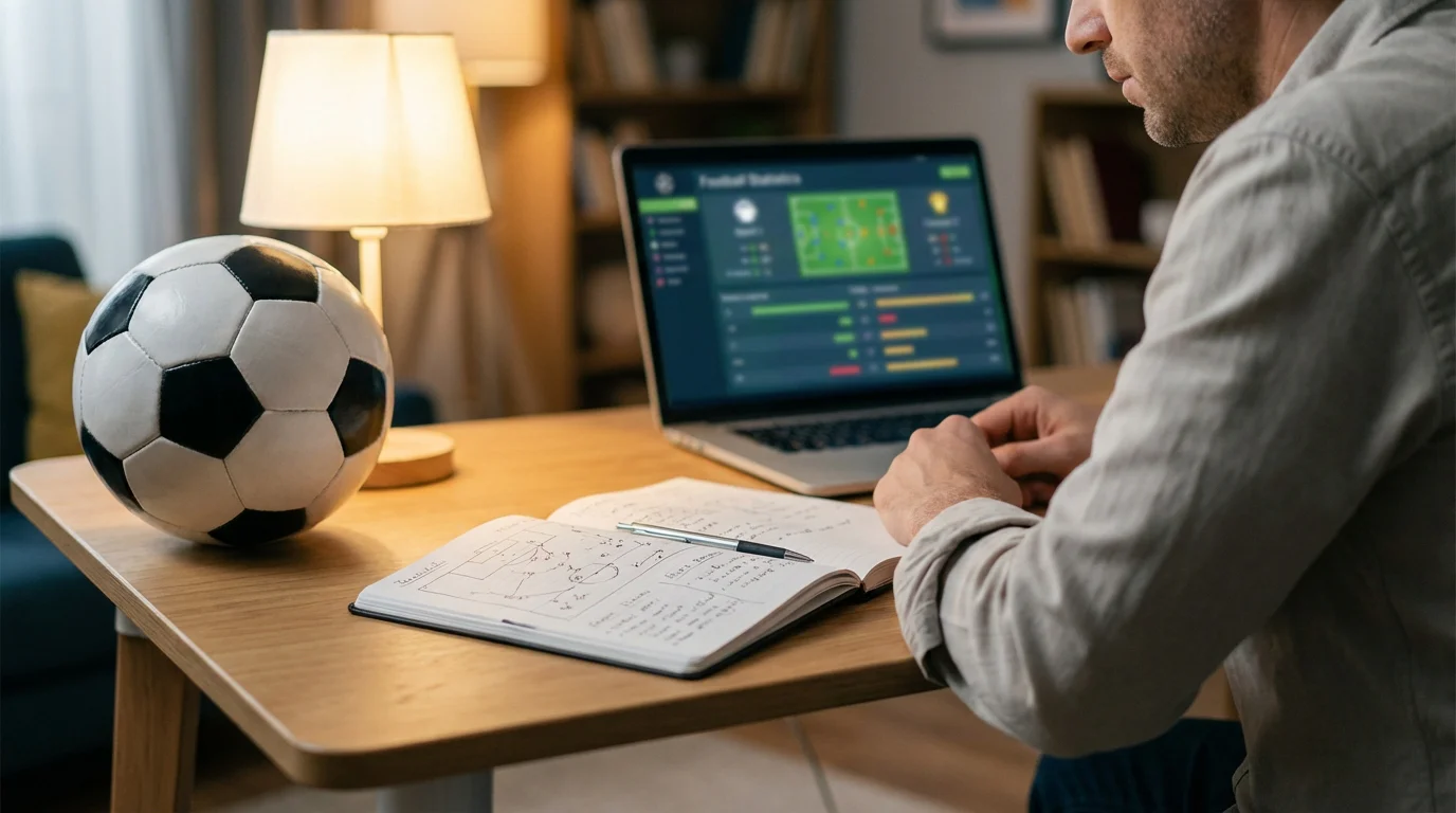 Analista revisando datos de un partido de fútbol en un escritorio con cuaderno y pantalla de estadísticas