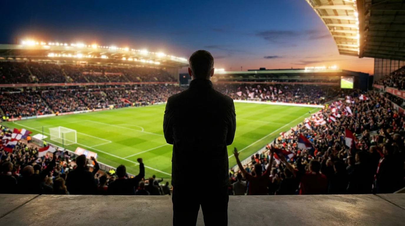 Hinchada en un estadio de fútbol vista desde la grada durante un partido nocturno