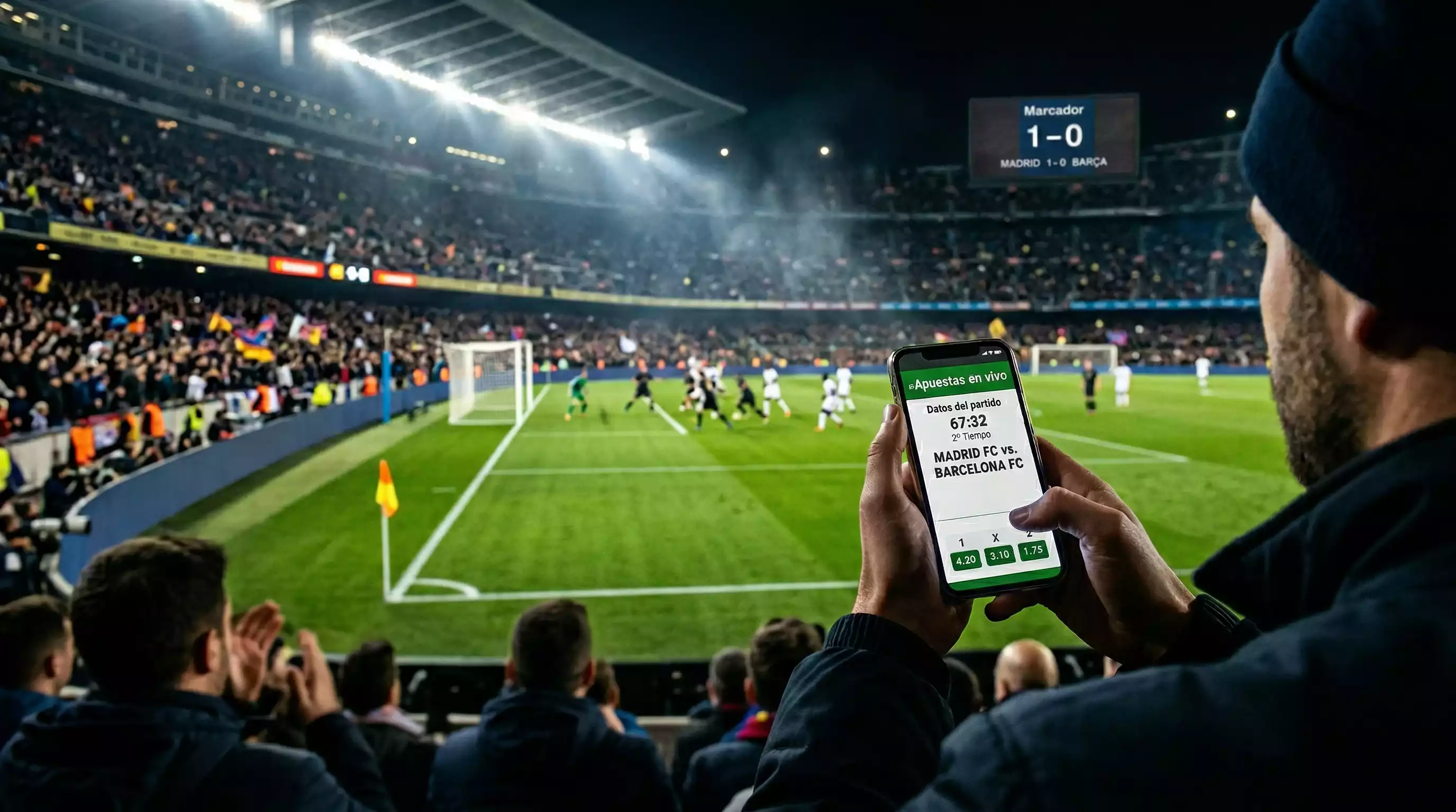 Partido de fútbol en directo visto desde la grada de un estadio con marcador electrónico
