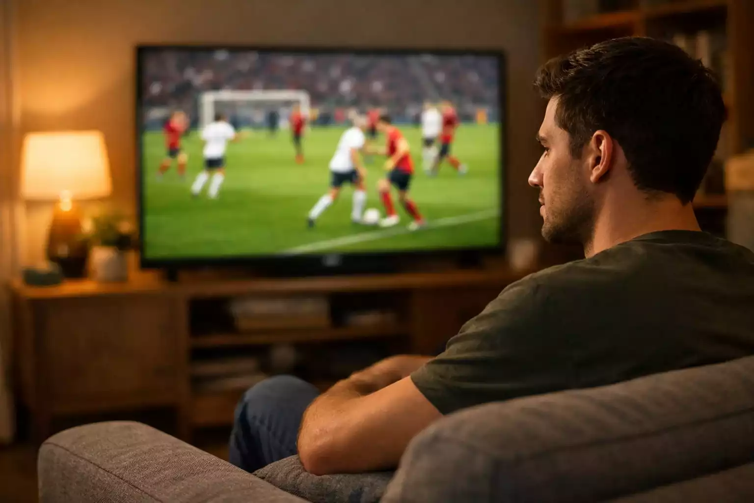Aficionado viendo partido de fútbol en televisión desde el sofá de su casa
