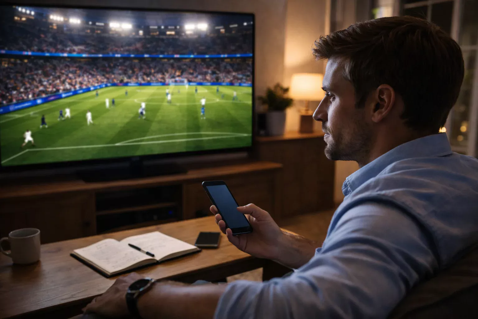 Aficionado siguiendo partido de fútbol en directo con móvil