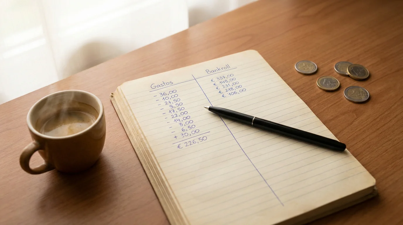 Cuaderno con presupuesto de bankroll sobre un escritorio ordenado