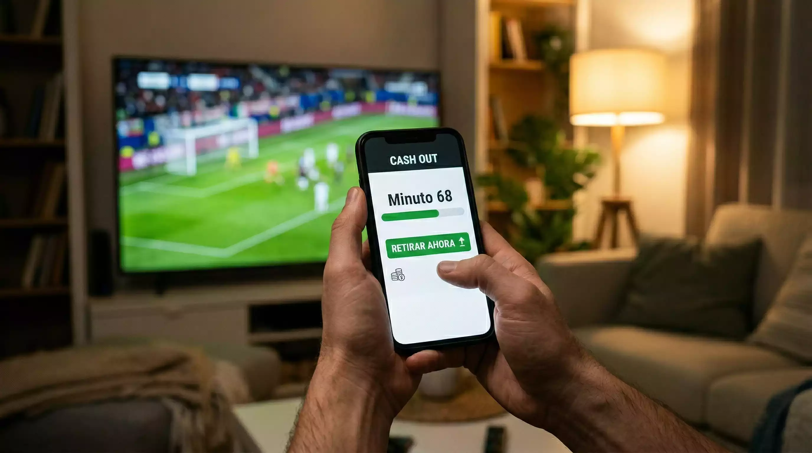 Apostador mirando su móvil durante un partido de fútbol decidiendo sobre el cash out