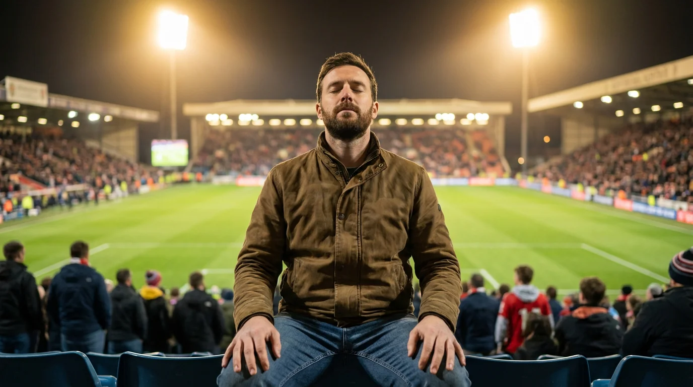 Apostador concentrado manteniendo la calma mientras observa un partido de fútbol en un estadio