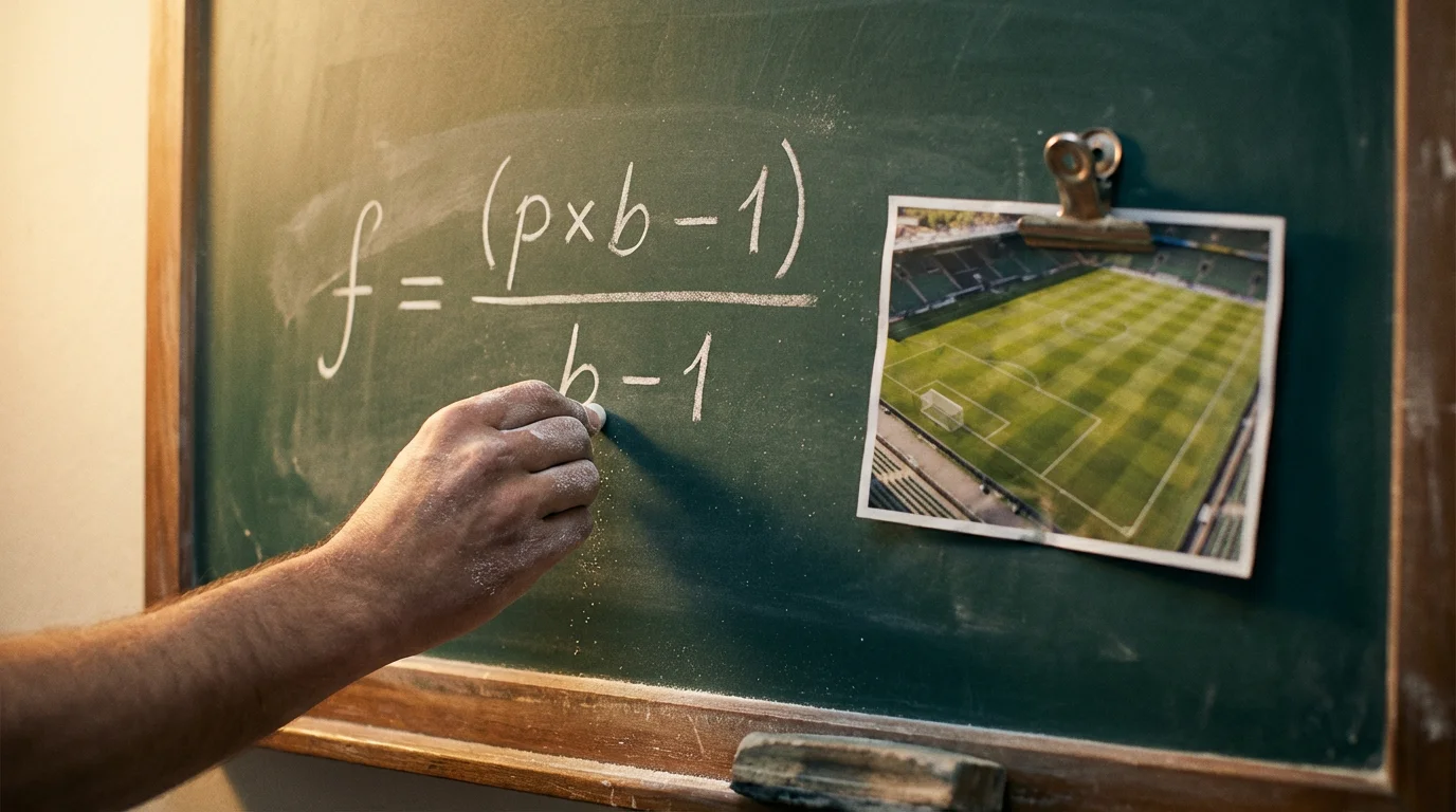 Mano escribiendo una fórmula matemática en una pizarra junto a un campo de fútbol