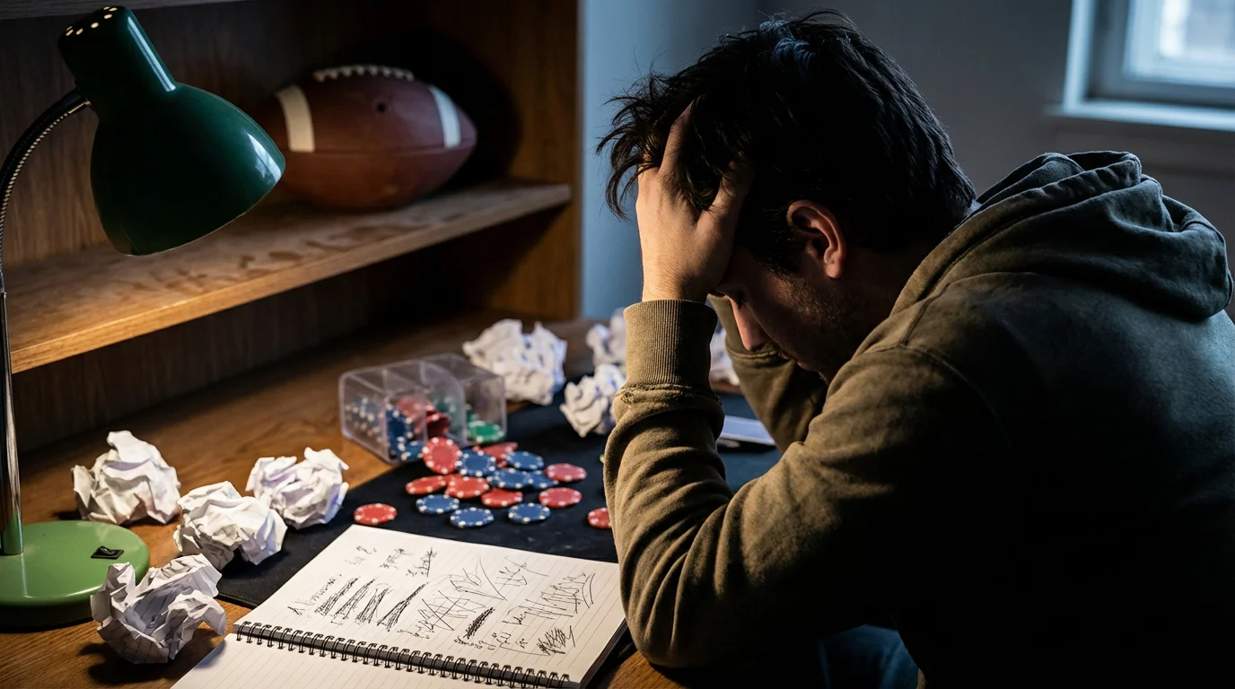 Persona frustrada con las manos en la cabeza frente a un escritorio desordenado