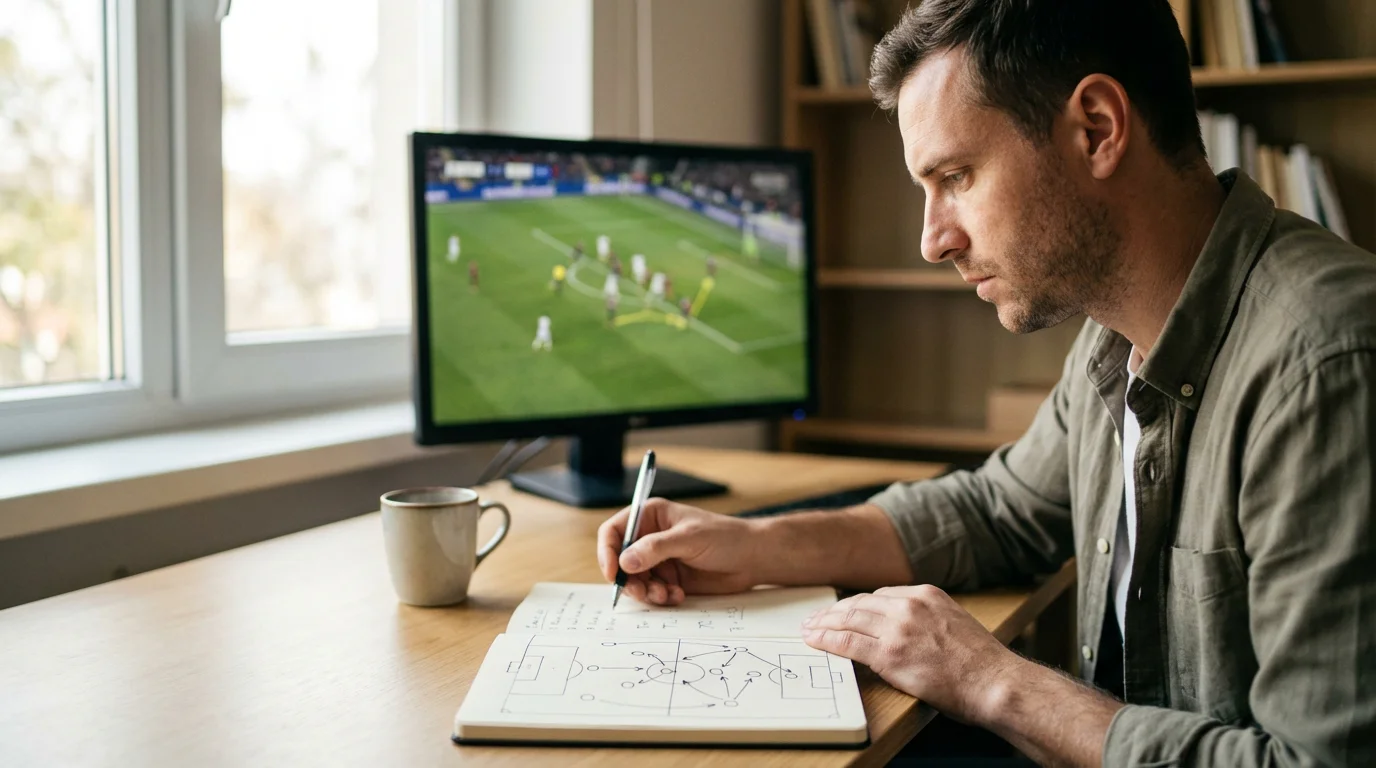 Analista de fútbol estudiando datos de una liga en un escritorio con pantalla y documentos
