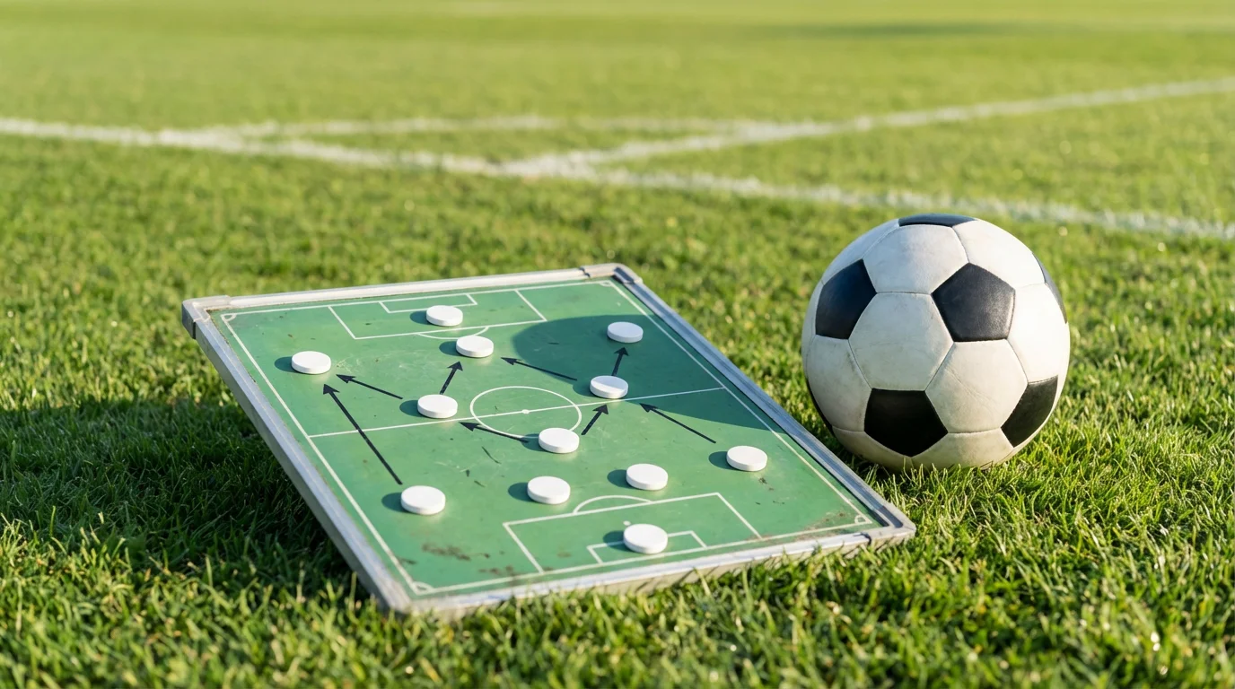 Pizarra táctica de fútbol con formaciones y flechas de movimiento junto a un balón de fútbol
