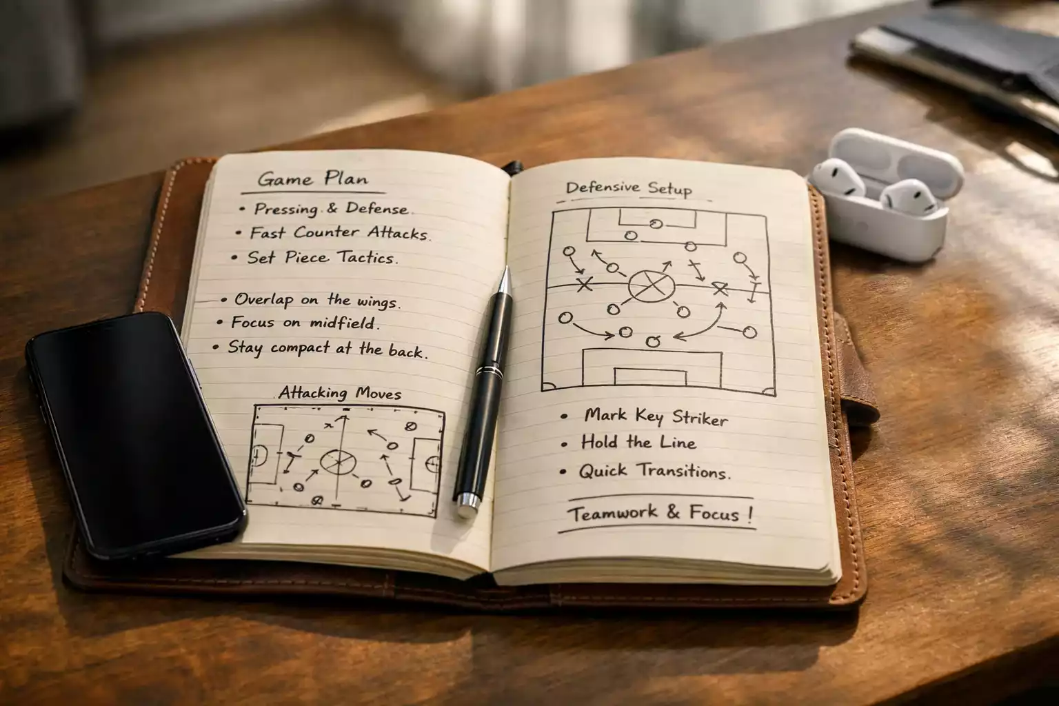 Mesa de trabajo con libreta abierta mostrando anotaciones de análisis deportivo