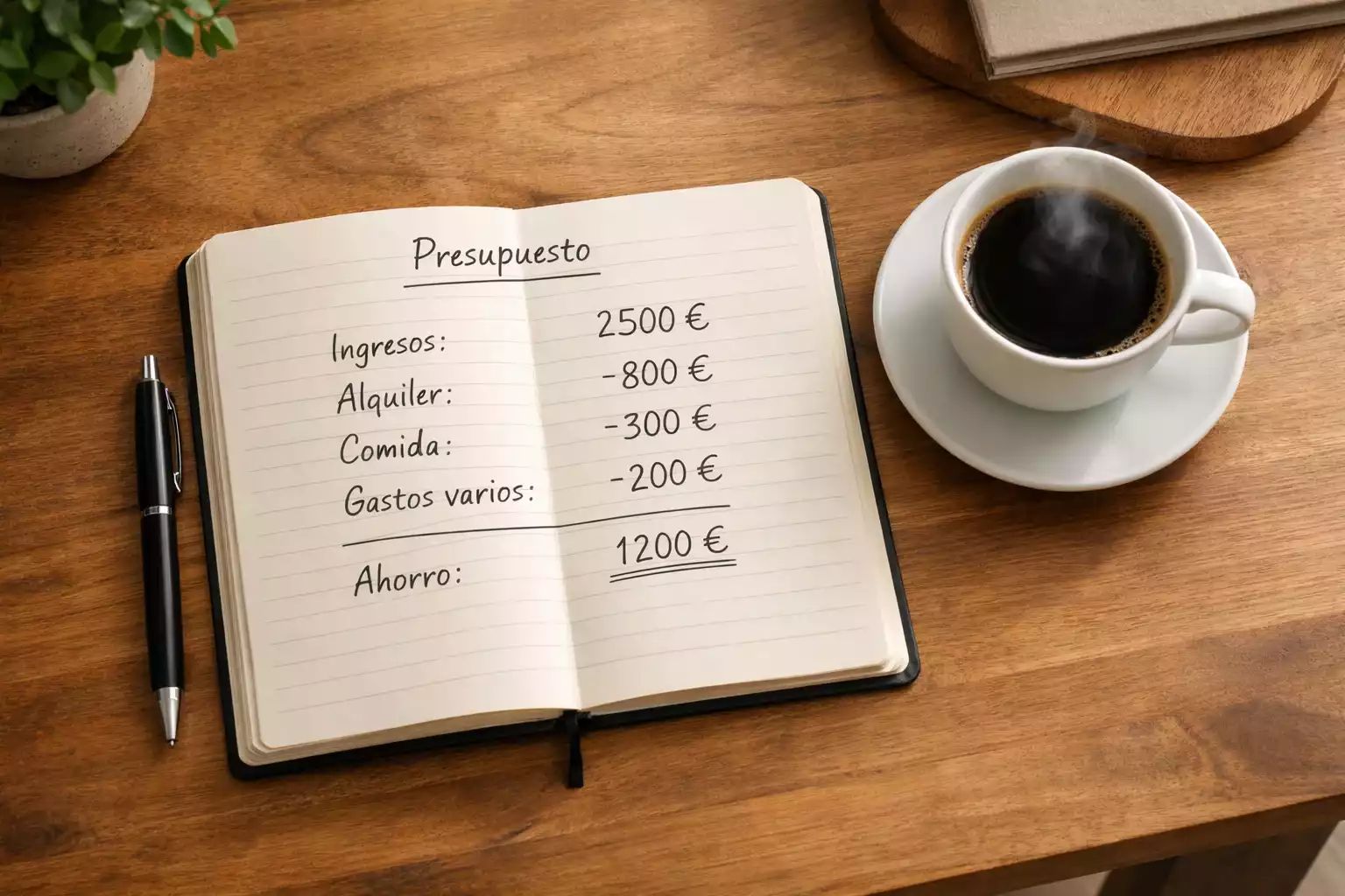 Persona escribiendo en un cuaderno con notas de presupuesto y símbolo de euro
