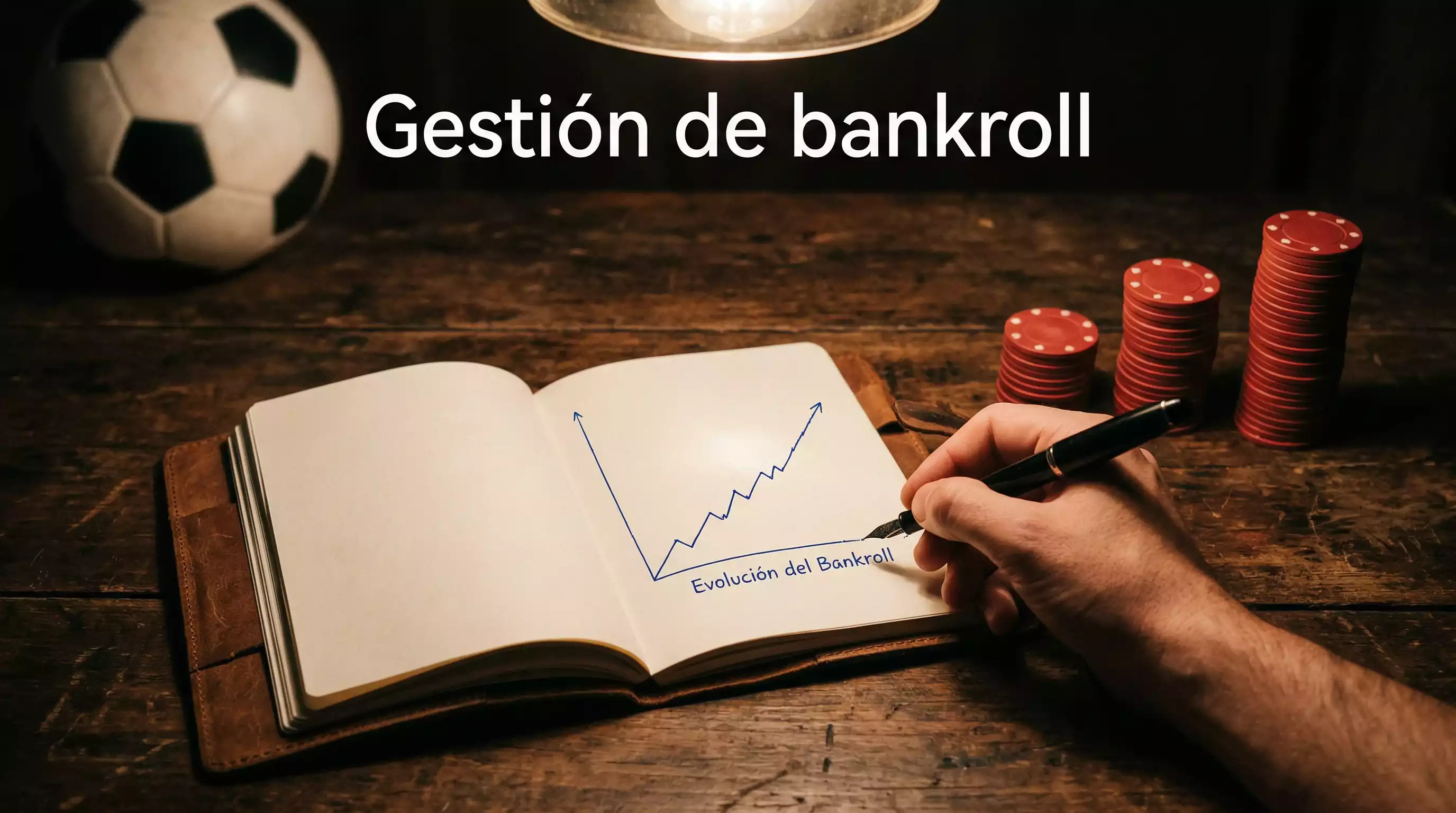 Libreta con gráfico de gestión de bankroll junto a fichas apiladas