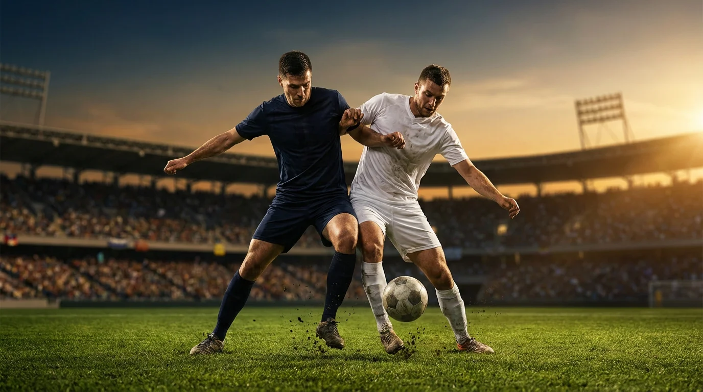 Partido de fútbol en un estadio con jugadores disputando el balón en el césped