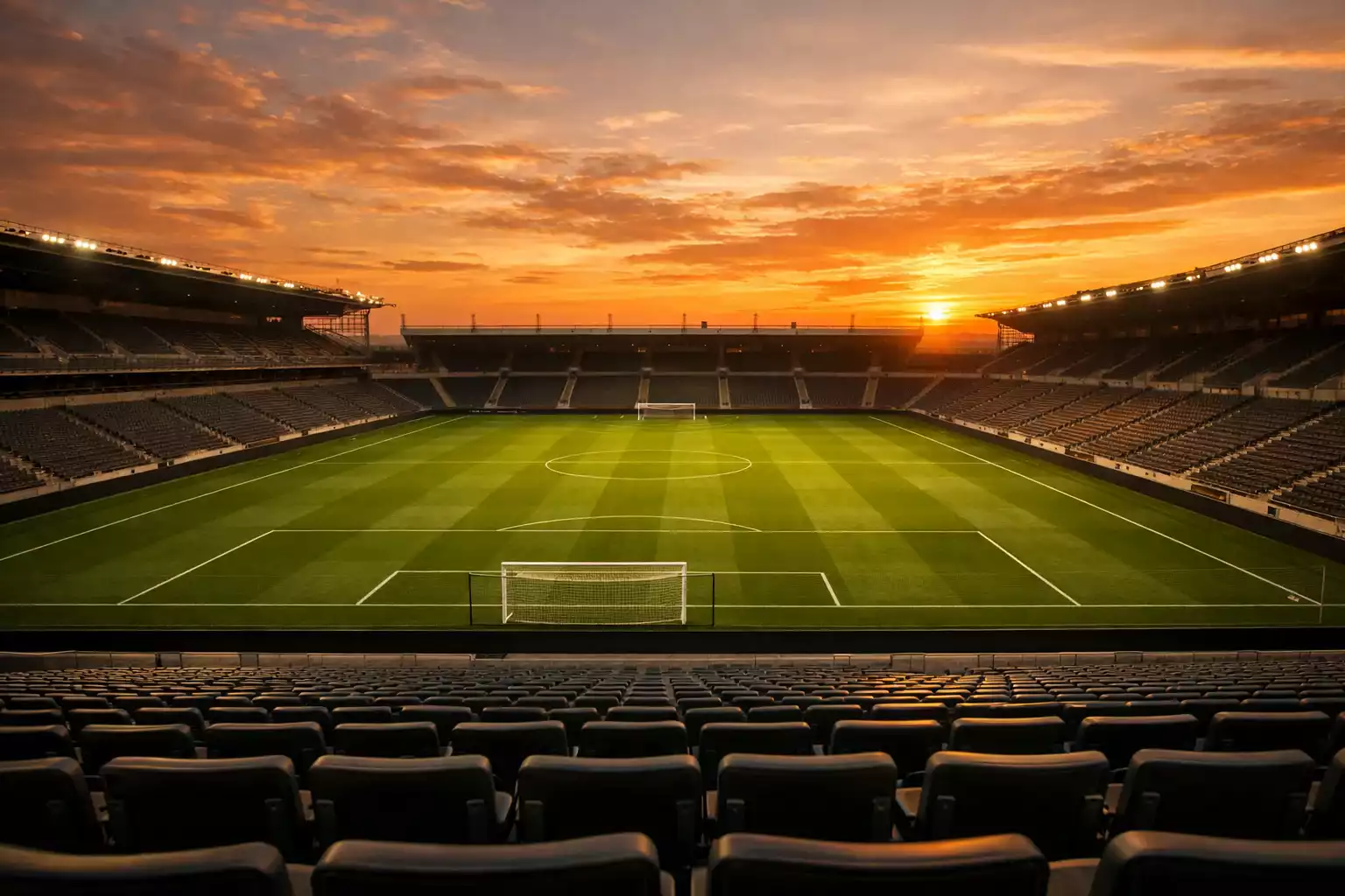 Estadio de fútbol iluminado al atardecer con césped verde y gradas vacías
