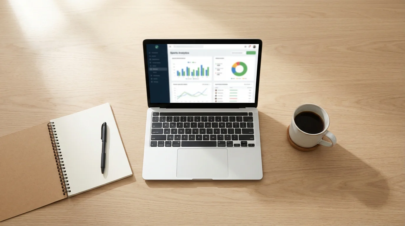 Escritorio de trabajo con portátil abierto mostrando gráficos deportivos junto a un cuaderno de notas