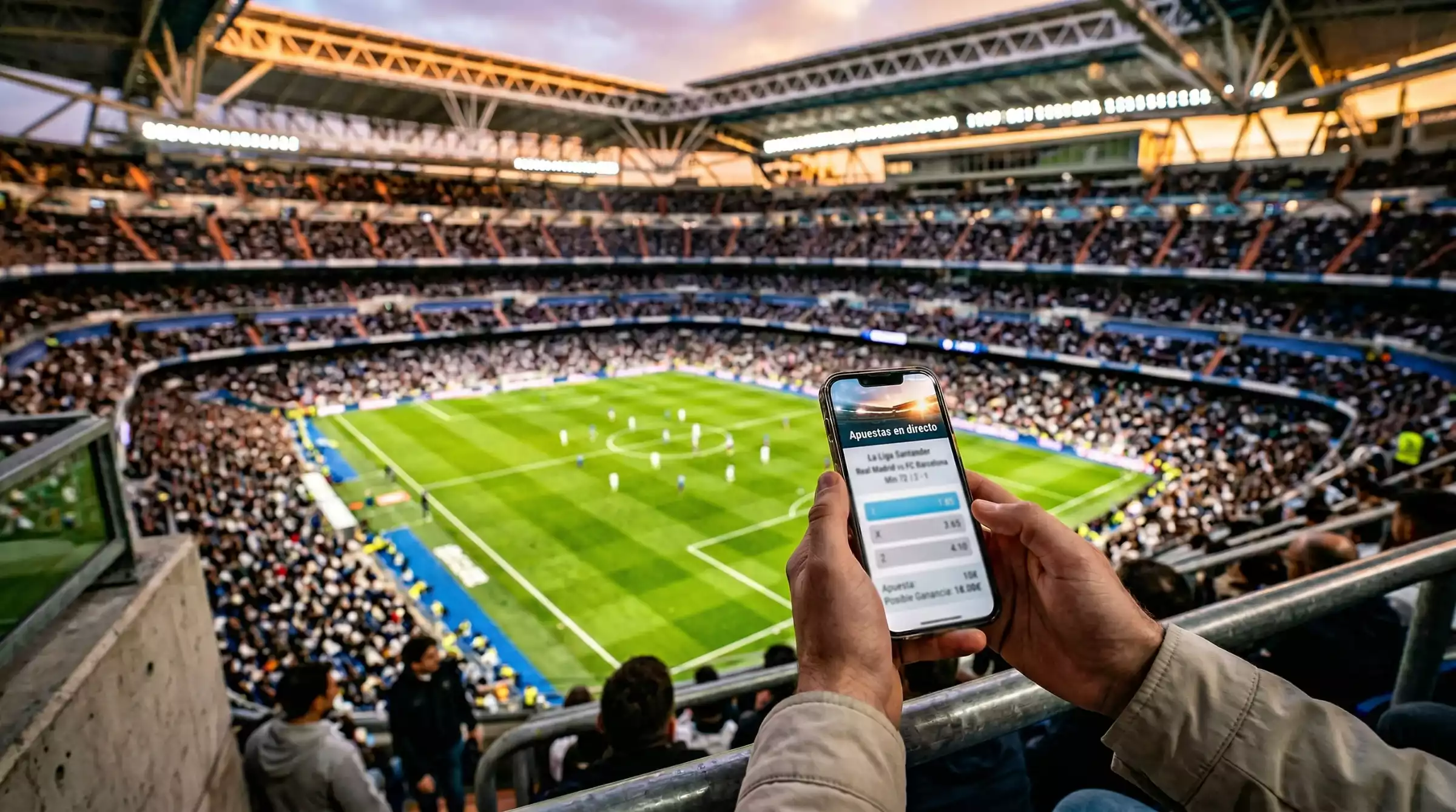 Pantalla de cuotas de apuestas de fútbol en un estadio iluminado