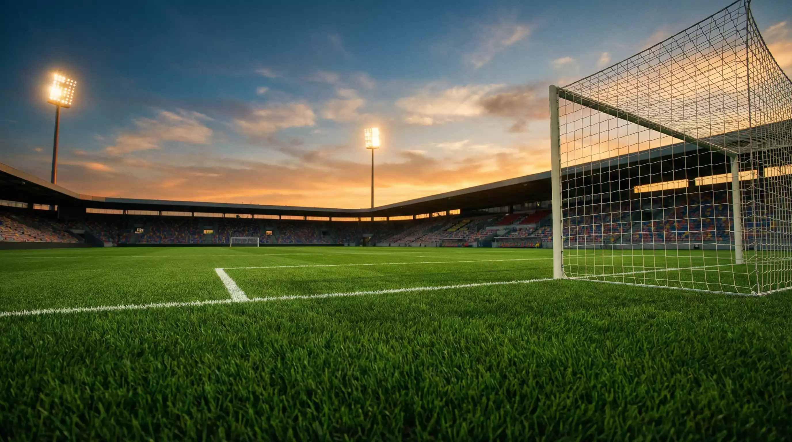 Aficionados viendo un partido de fútbol en un estadio con césped verde