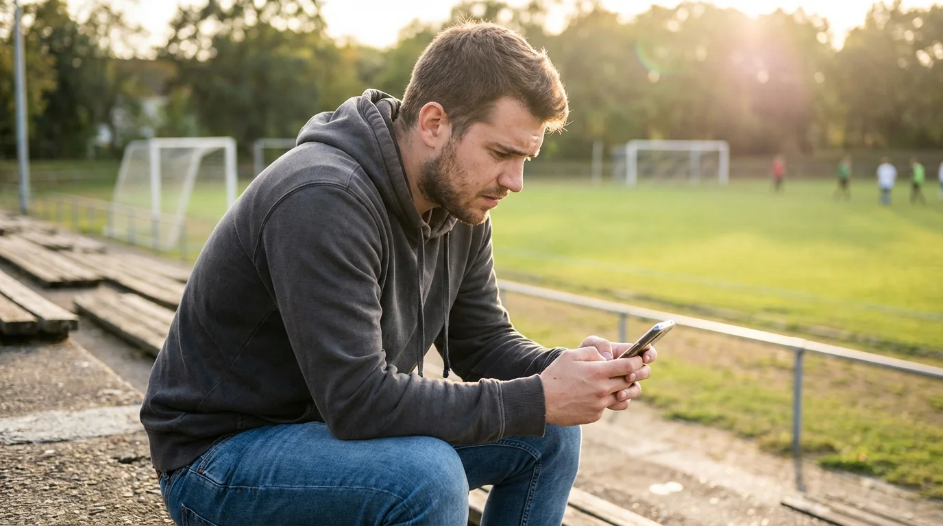 Joven aficionado al fútbol con móvil junto a un campo de fútbol de césped