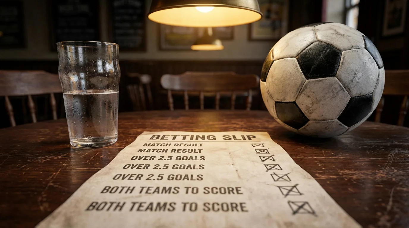 Boleto de apuestas de fútbol sobre una mesa junto a un balón de fútbol