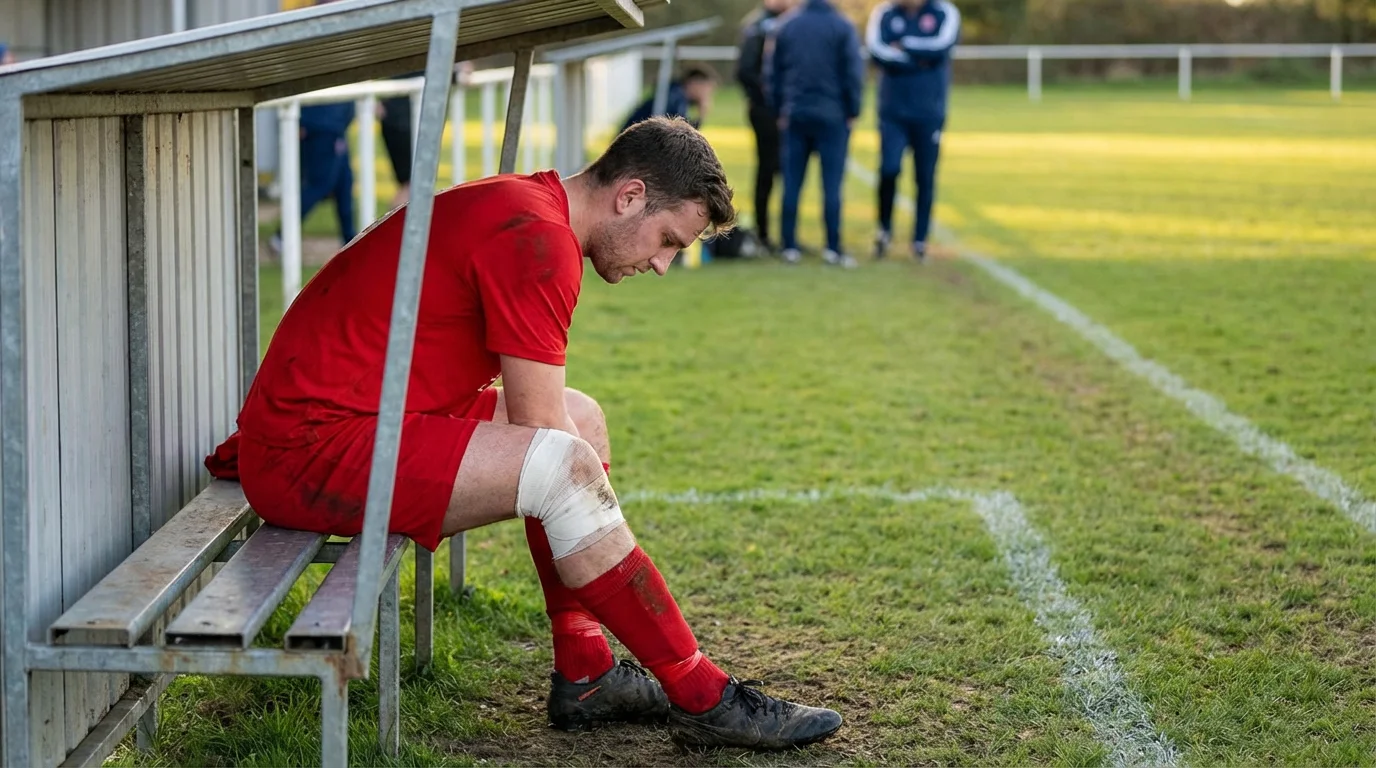 Futbolista sentado en el banquillo de un campo de césped con la rodilla vendada durante un partido