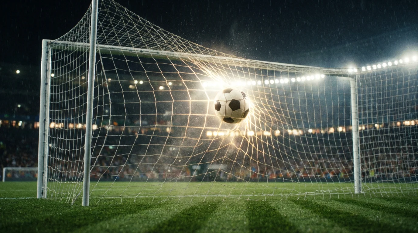 Balón de fútbol entrando en la portería durante un partido nocturno bajo los focos