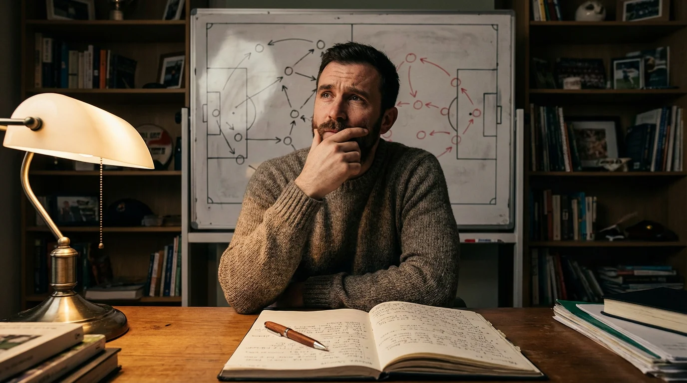 Apostador de fútbol pensativo analizando datos tácticos en una pizarra antes de hacer un pronóstico