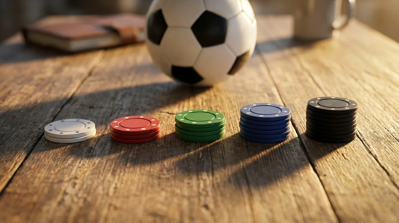Fichas de apuestas ordenadas por tamaño sobre una mesa de madera