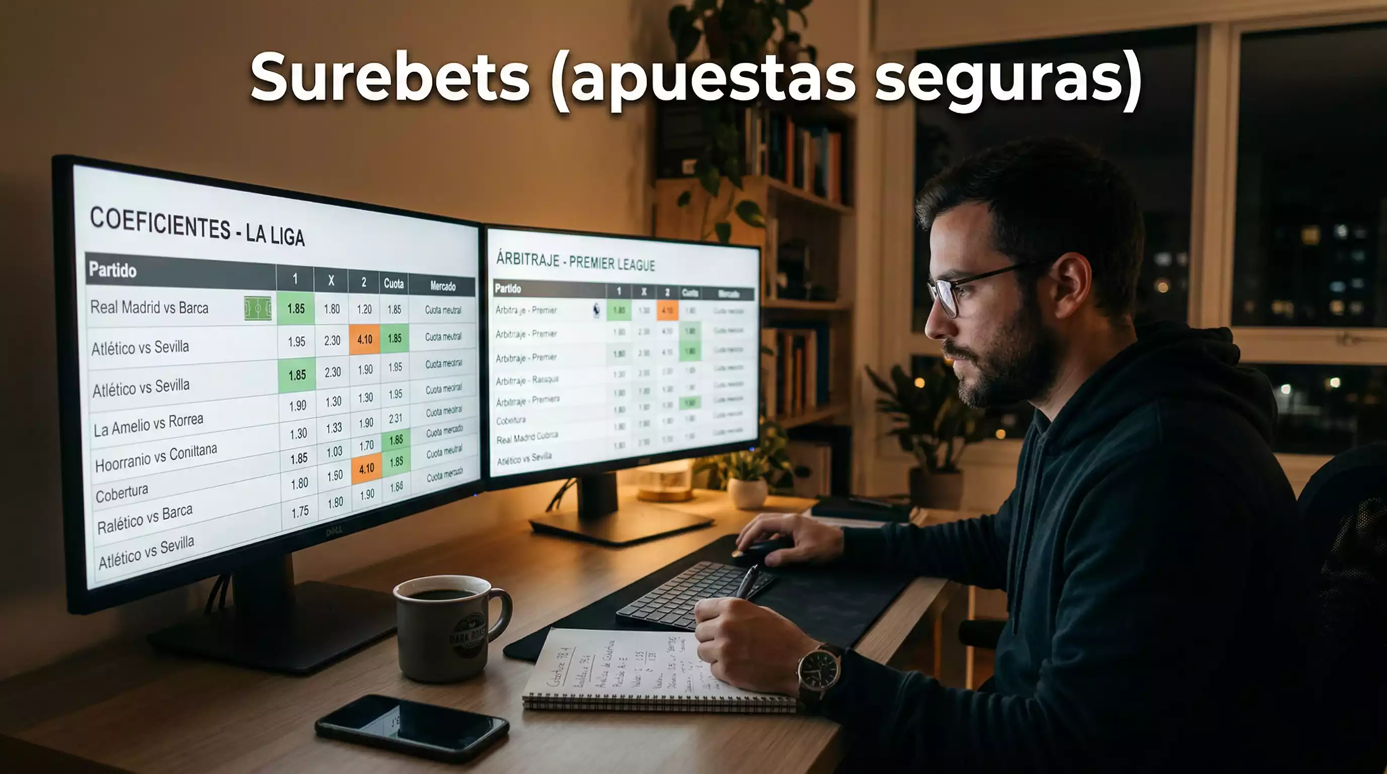 Apostador analizando cuotas en múltiples pantallas para encontrar oportunidades de surebet