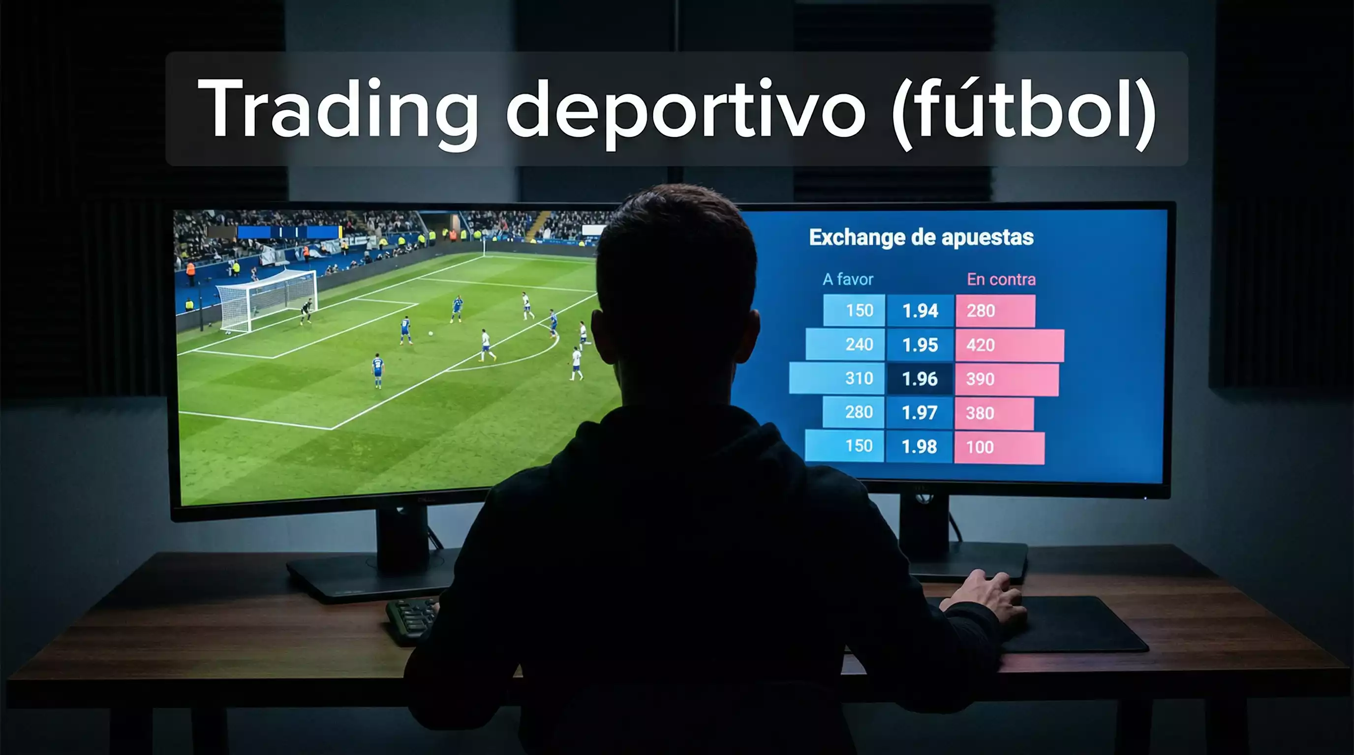 Pantalla de exchange de apuestas deportivas con partido de fútbol de fondo