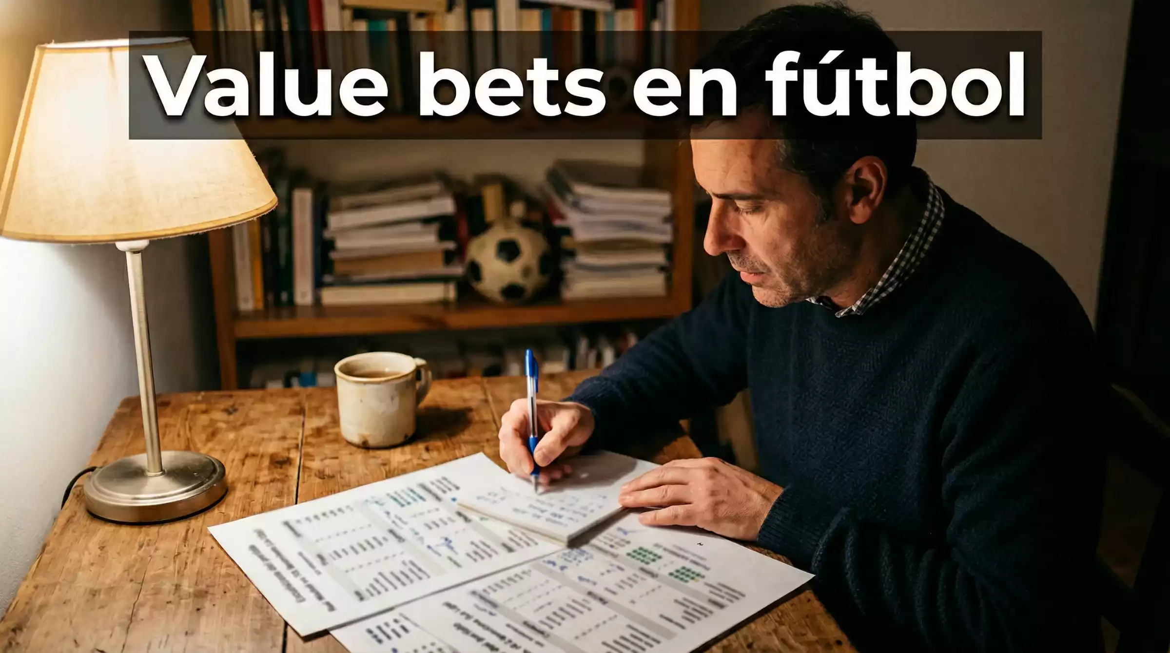 Apostador analizando estadísticas de fútbol en una mesa con documentos y notas