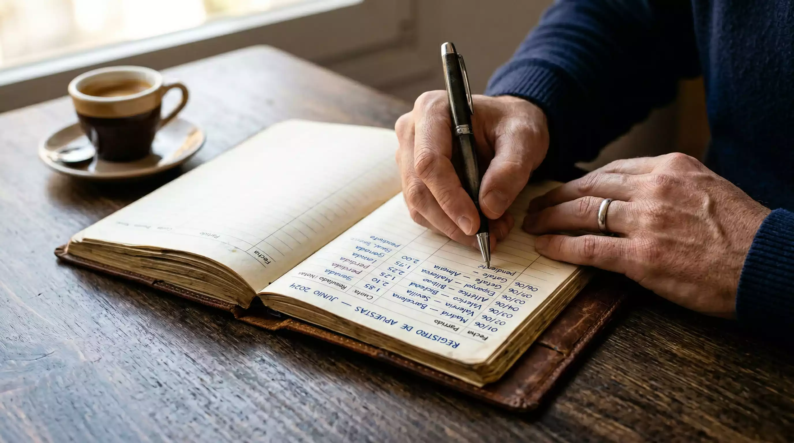 Apostador profesional revisando un registro detallado de apuestas en un cuaderno junto a un bolígrafo